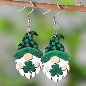 Gnome Earrings Wooden Green Clover Design St.Patricks  Day Stainless Steel Posts